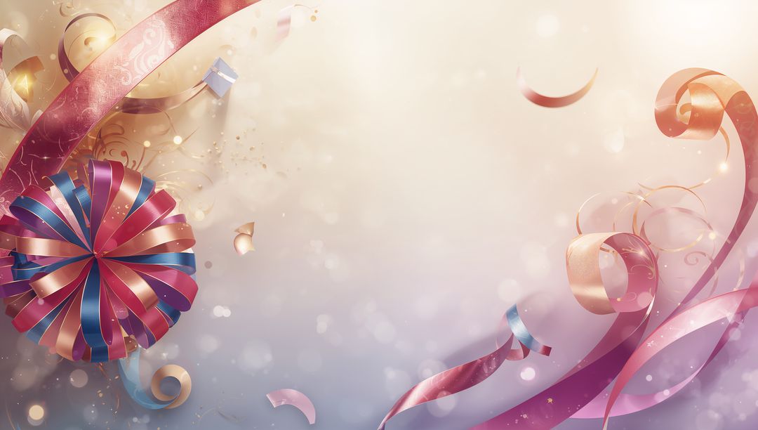 Festive Multicolor Ribbon Rosette with Curling Streamers and Pastel Bokeh Background