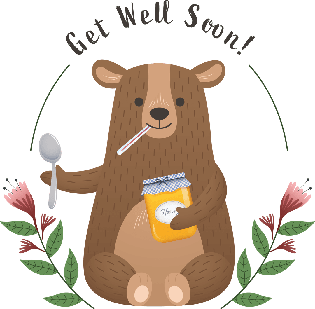 Cheerful Bear Holding Honey and Spoon on Transparent Background