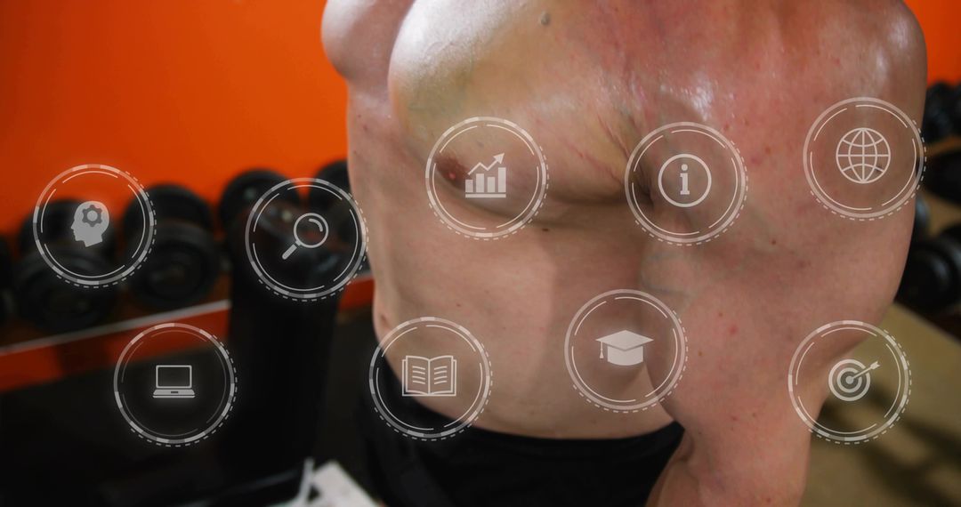 Shirtless Muscular Male Torso Flexing in Gym with Digital Fitness UI Overlay and Dumbbells