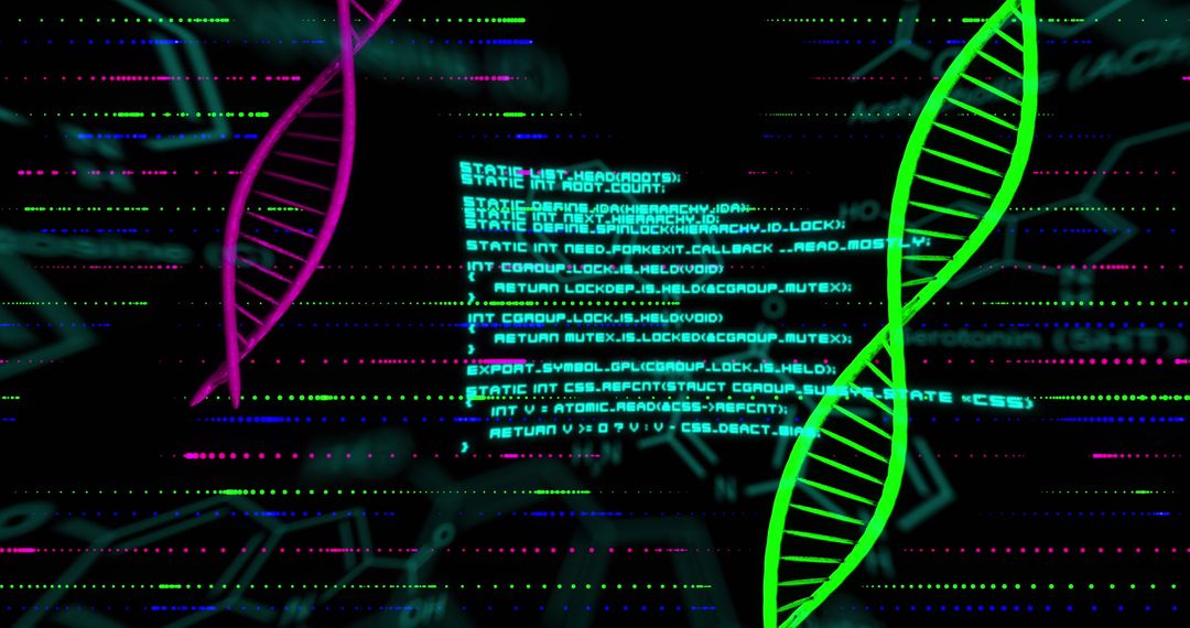 DNA Strands with Data Processing Graphics and Chemical Structures