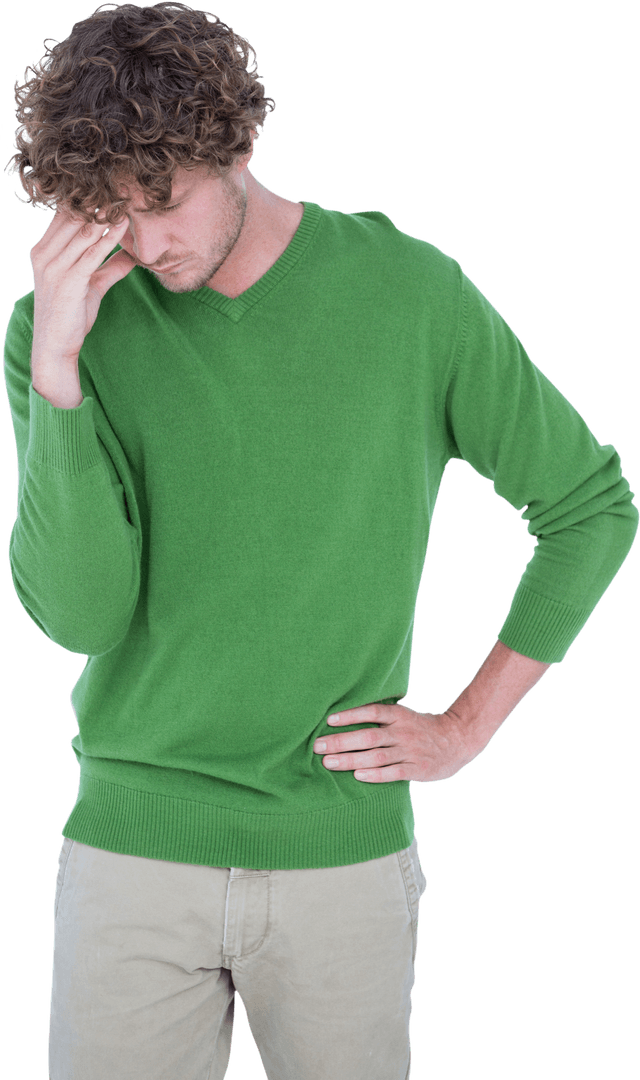 Thoughtful Man in Green Sweater Deep in Transparent Contemplation
