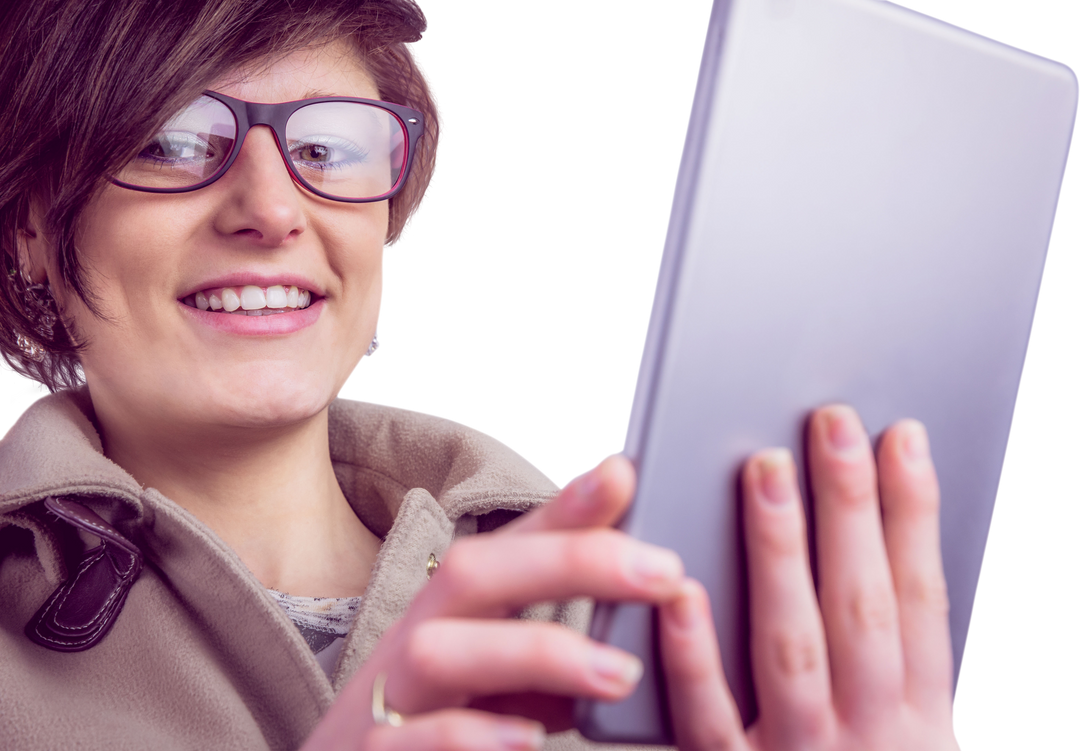 Smiling Woman in Glasses Holding Tablet on Transparent Background - Download Free Stock Images Pikwizard.com