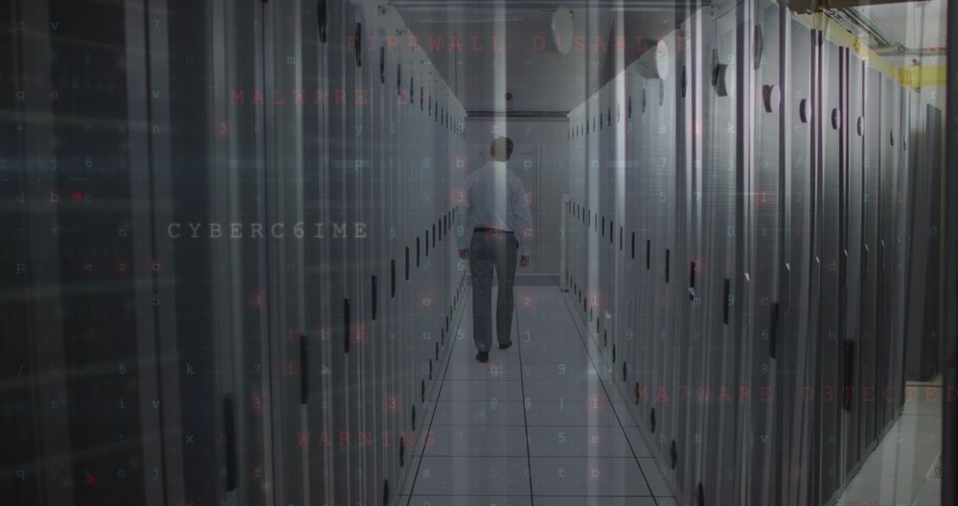 Engineer in Server Room with Cybersecurity Overlay Concepts Graphics