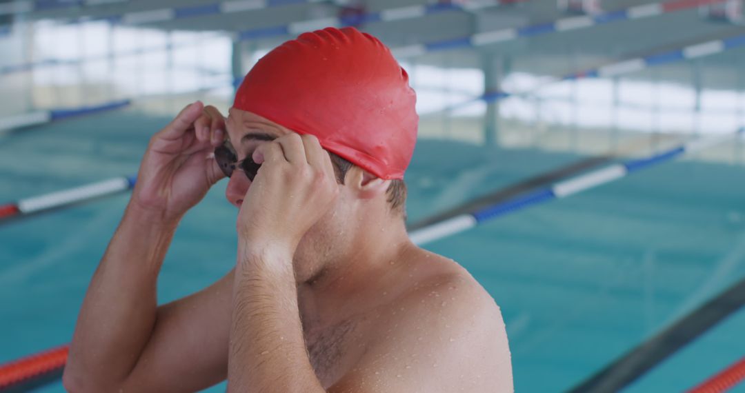 Male Swimmer Adjusting Goggles Poolside Before Swimming Practice - Free Images, Stock Photos and Pictures on Pikwizard.com