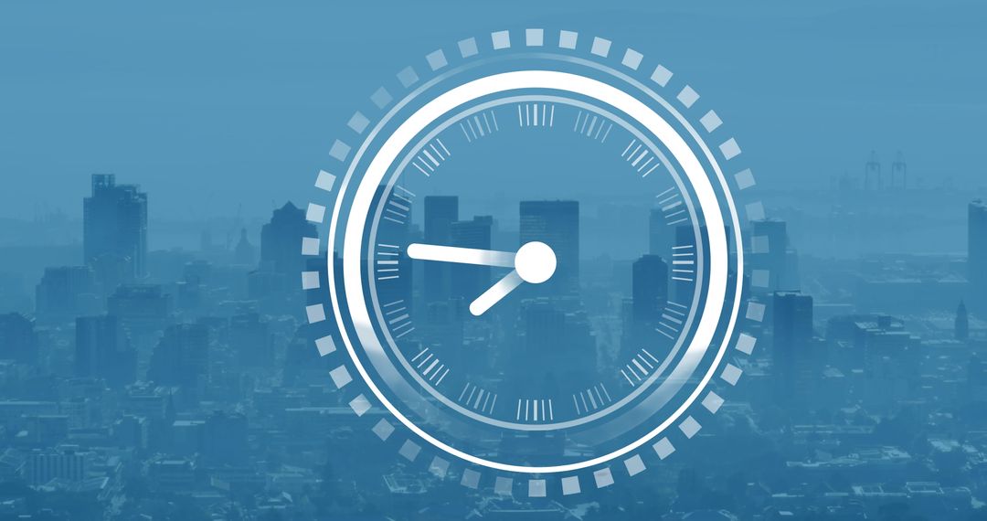 Digital Interface with Abstract Clock over Cityscape