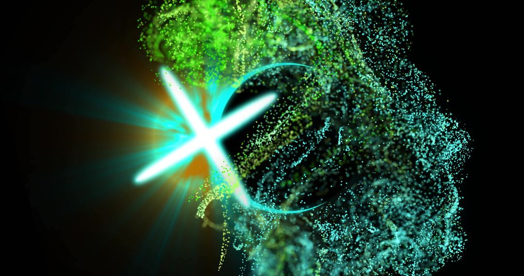 Futuristic Glowing Cross with Vibrant Particle Swirl