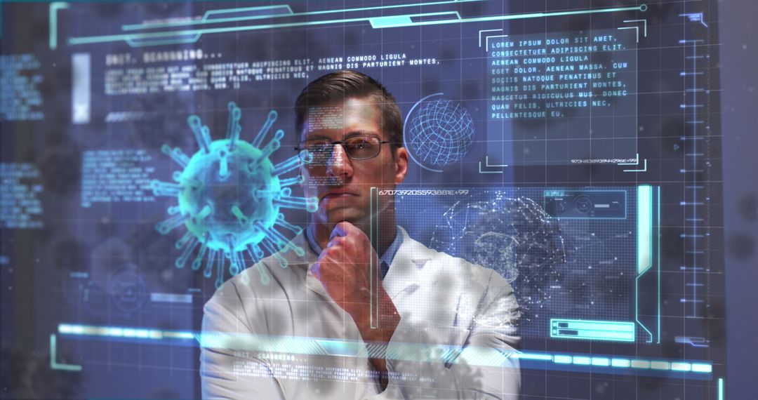 Focused Doctor Analyzing Digital COVID-19 Data Interface