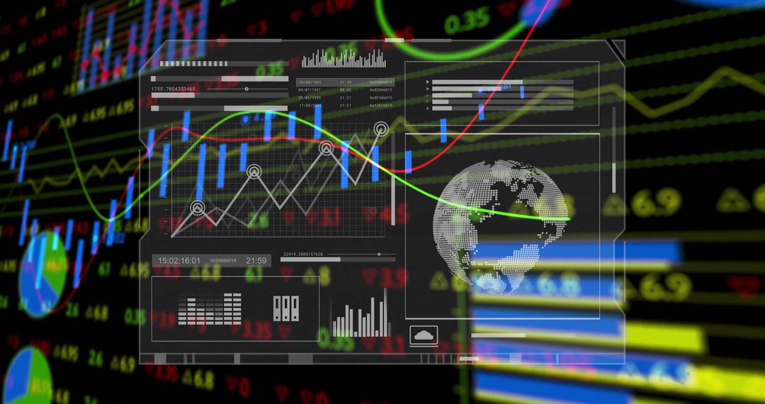 Interactive Digital Dashboard with Financial Charts and Global Icon