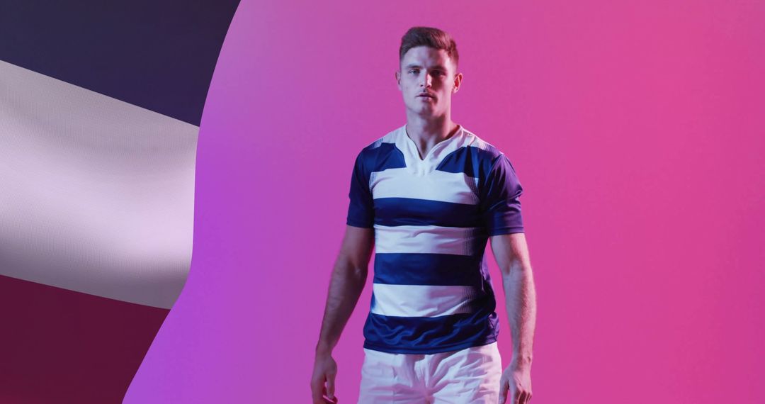 Determined Rugby Player in Front of French Flag Background