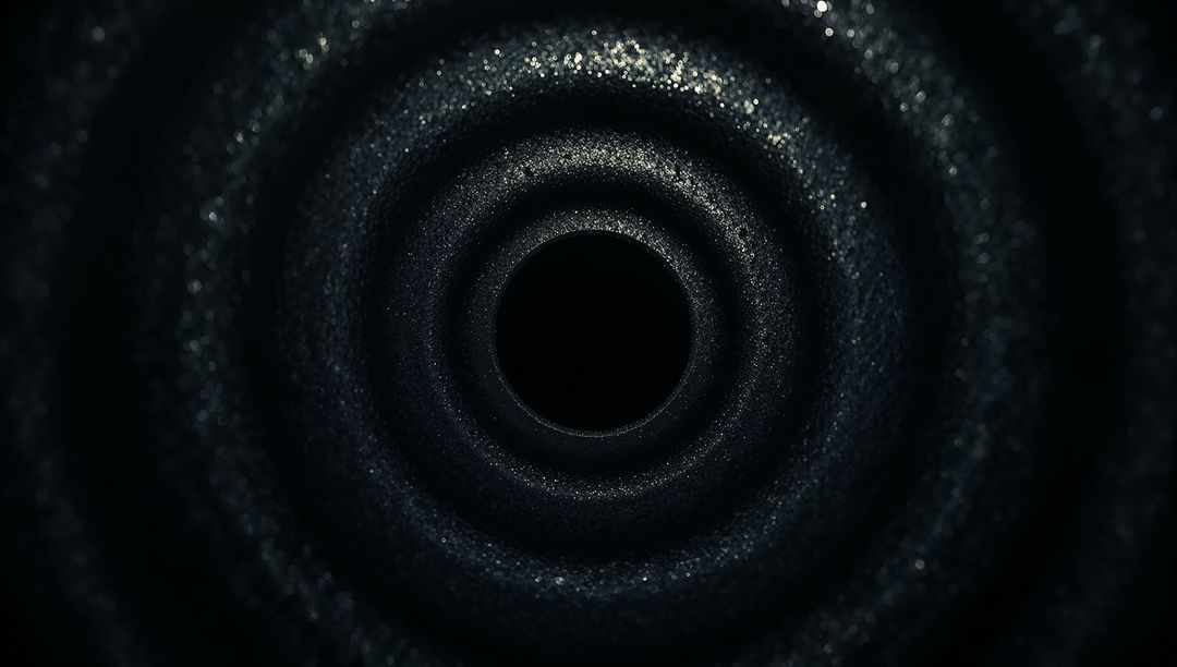 Dark Metallic Concentric Tunnel with Sparkling Textured Rings and Central Void