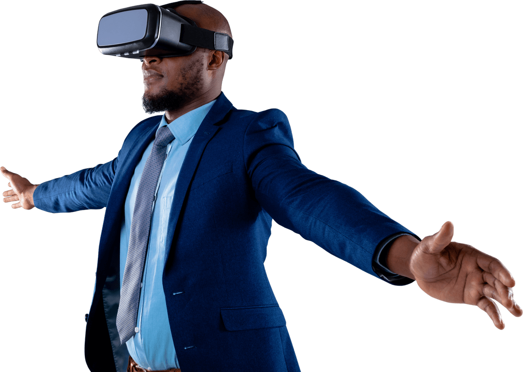 Transparent Businessman Experiencing Virtual Reality with Open Arms