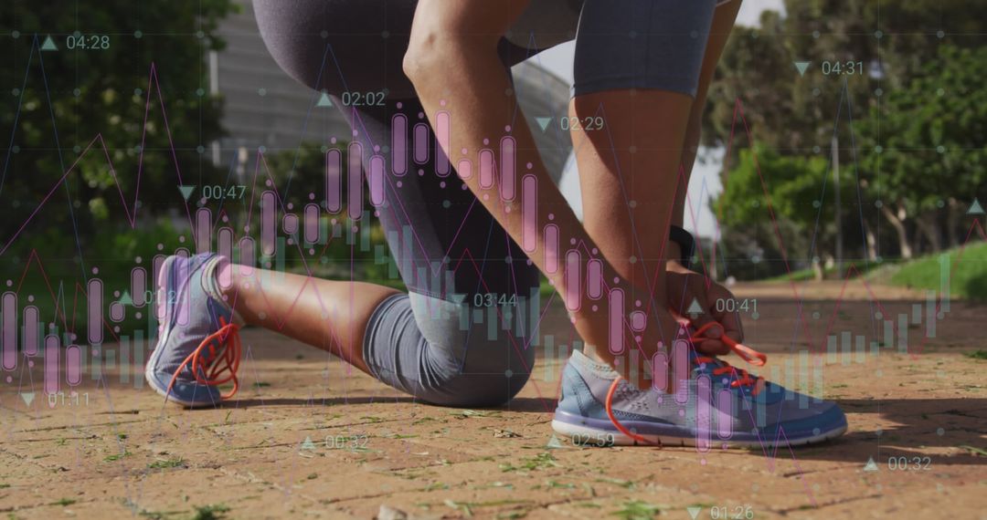Digital Interface Overlaid on Woman Tying Running Shoes in Park