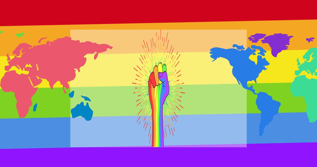 Rainbow Fist on Global Map Celebrating Pride Unity