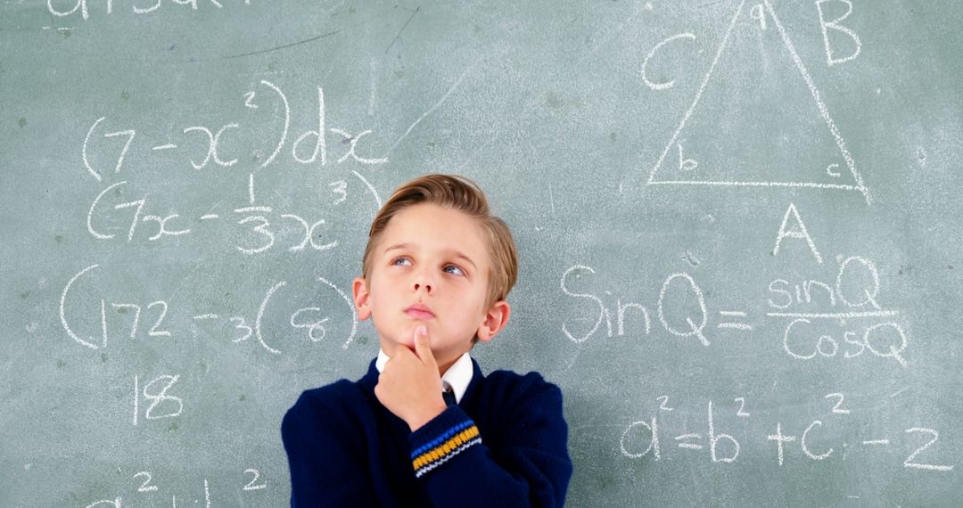 Young Student Thinking in Front of Blackboard with Math Formulas - Free Images, Stock Photos and Pictures on Pikwizard.com