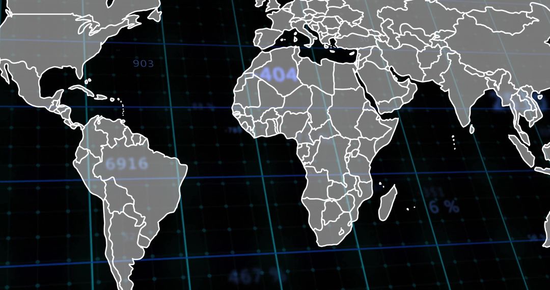 Futuristic world map with numeric data overlay in grid interface