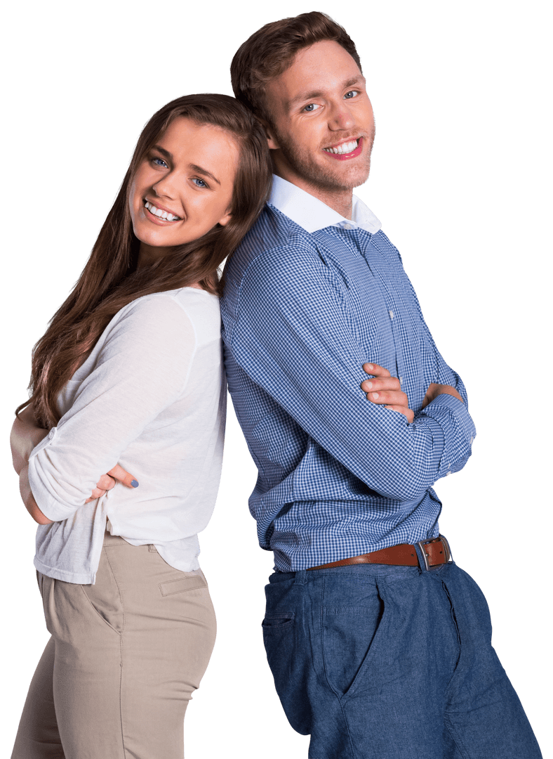 Young Happy Couple Standing Back to Back, Transparent Background