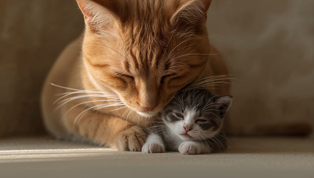Orange Tabby Cat Nurturing Sleepy Gray White Kitten on Warm Beige Carpet