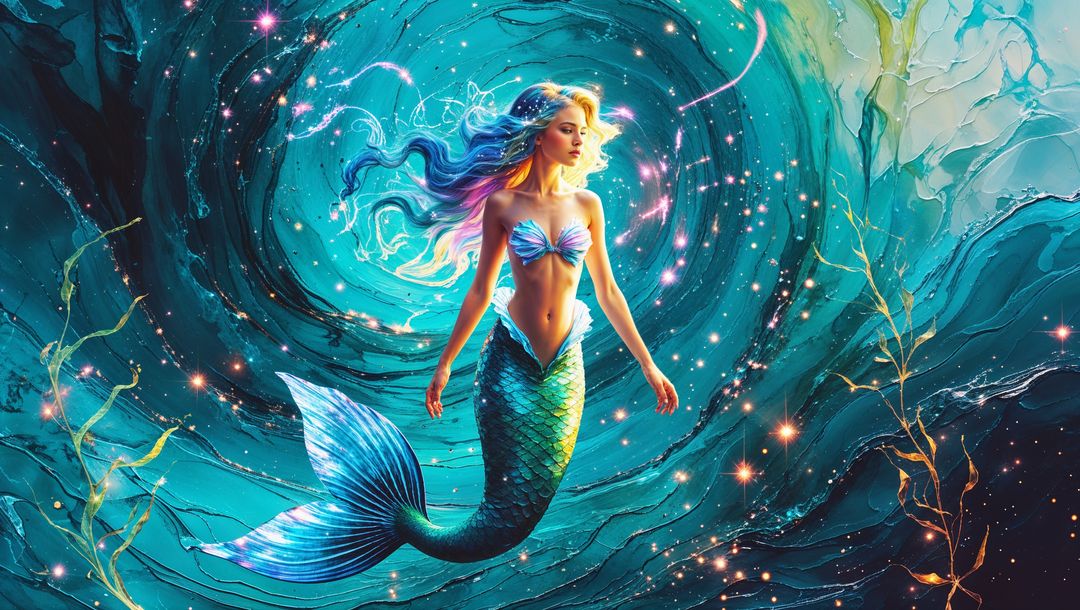 Enchanting Mermaid Ambiance with Iridescent Tail in Underwater Vortex