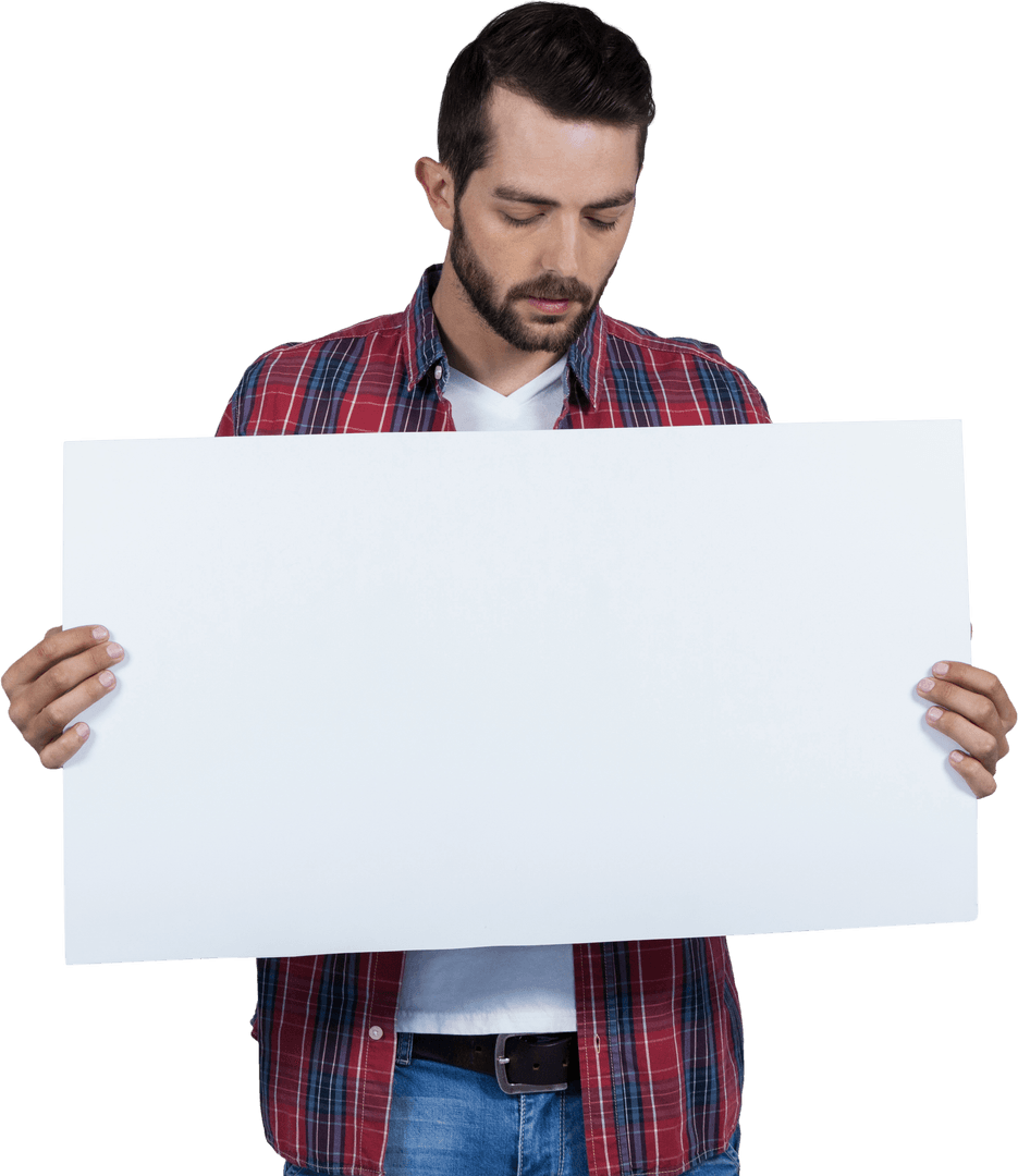 Man in Checked Shirt Holding Large Transparent Placard Mockup