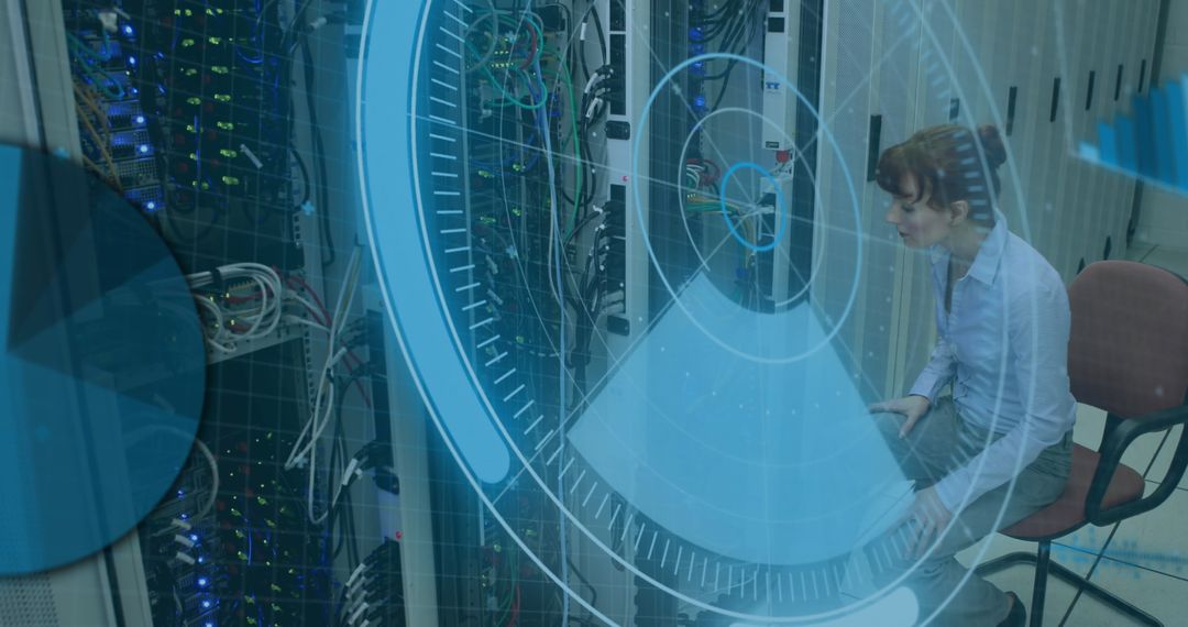 Woman Managing Data Center with Holographic Interface Technology
