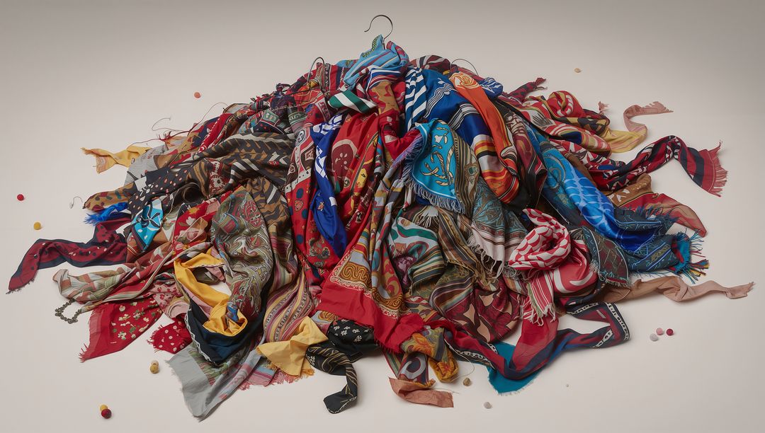 Displaying colorful patterned scarves and shawls on beige background with hanger, beads
