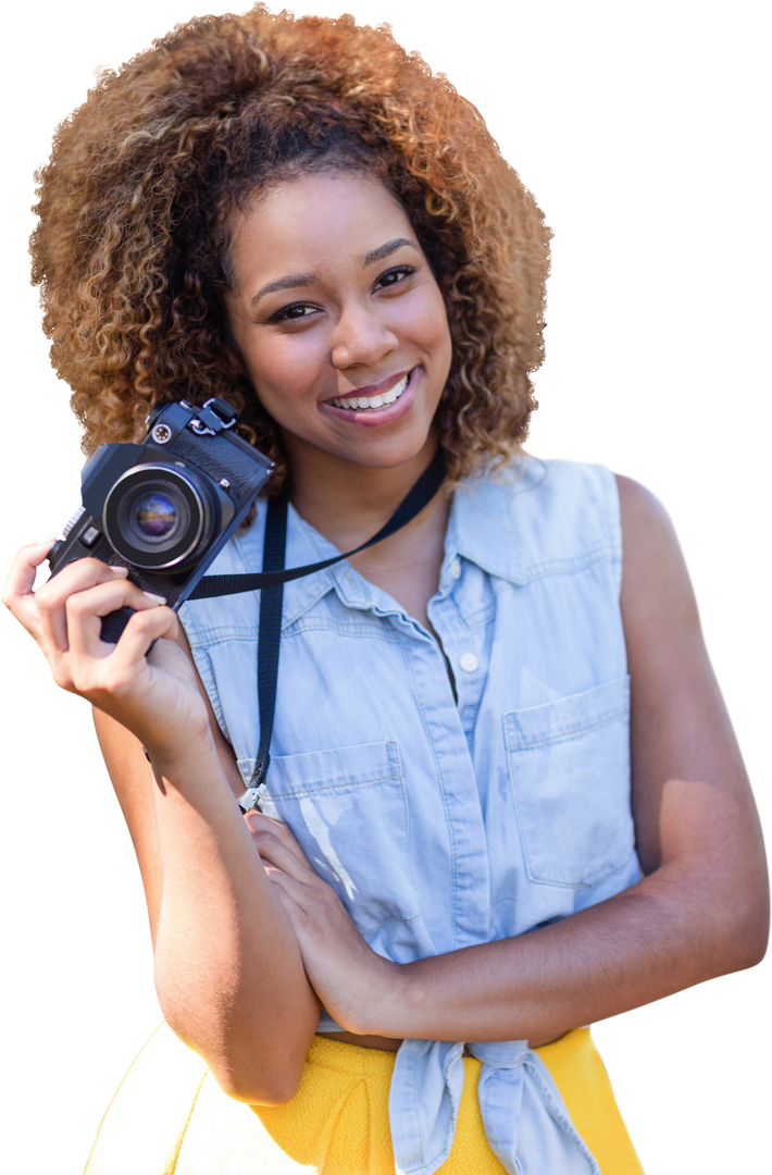 Smiling curly haired girl holding transparent background camera - Download Free Stock Images Pikwizard.com