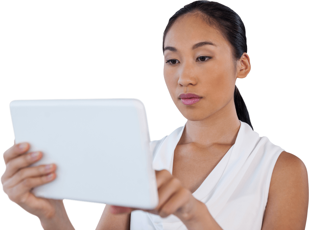 Transparent Young Businesswoman Using Tablet Confidently