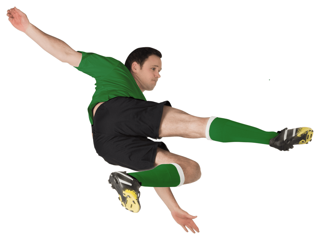 Dynamic Football Player in Green Uniform Kicking - Transparent Background