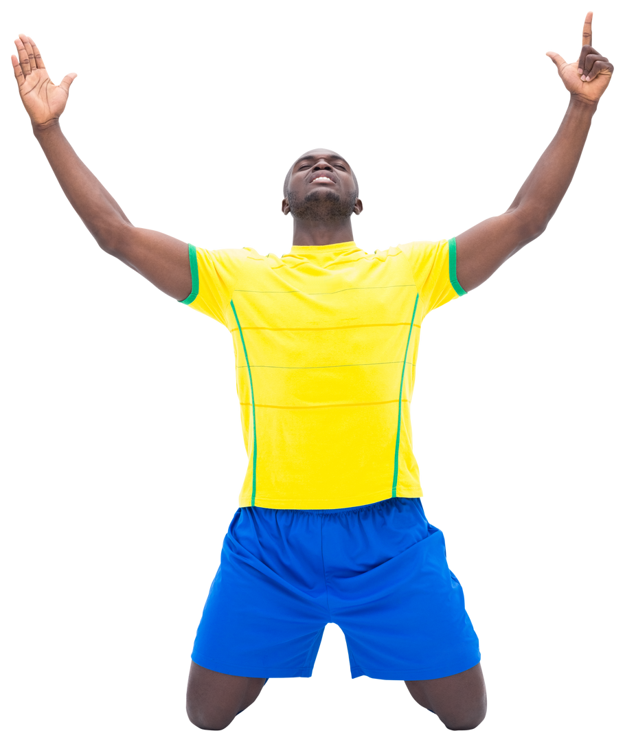 Transparent background football player celebrating on knees with raised arms - Download Free Stock Images Pikwizard.com