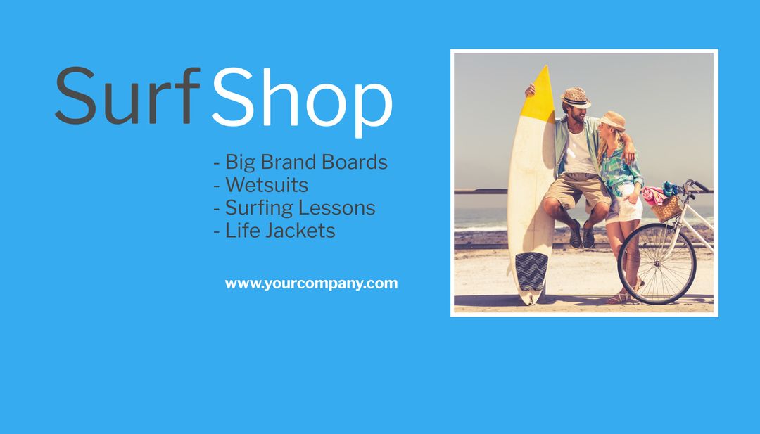 Surf Shop Promotion with Surfer and Bicycle on Beach