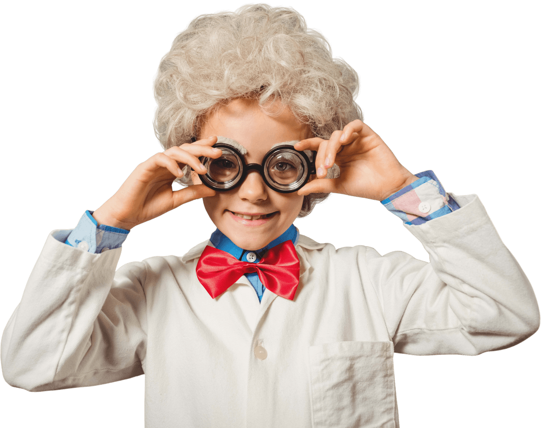Boy Scientist in Costume with Transparent Glasses Displaying Creativity