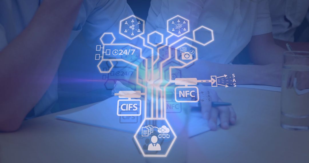 Colleagues Analyzing Virtual Infographic for Technology Innovation