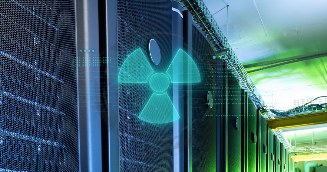 Cybersecurity and Data Protection in Server Room with Nuclear Symbol