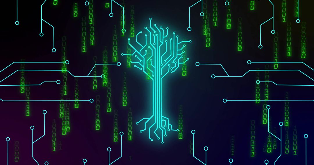 Futuristic Digital Tree Circuit with Binary Data Theme