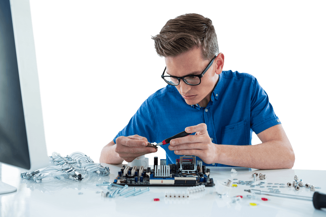 Focused Technician Repairing Transparent Motherboard