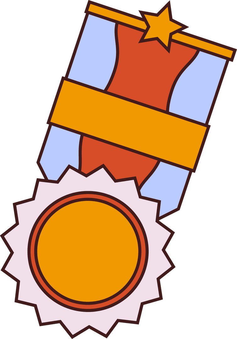 Flat Gold Medal with Star and Ribbon on Transparent Background