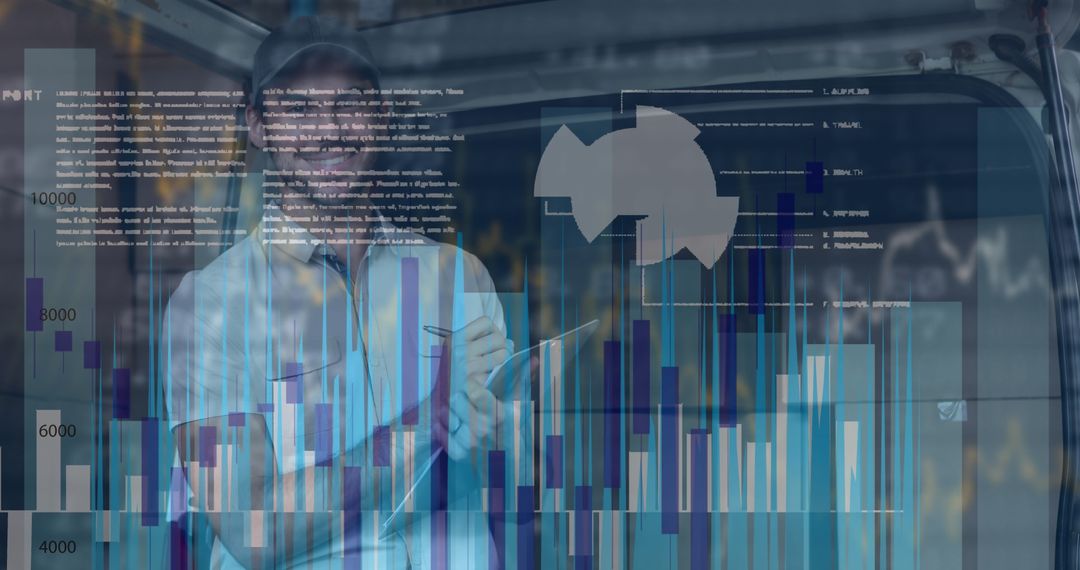 Global Finance Concept with Delivery Man and Data Overlays