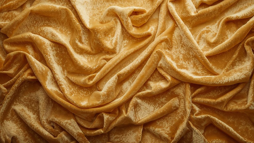 Golden Crushed Velvet Fabric Shimmering with Rich Draped Folds and Lush Texture