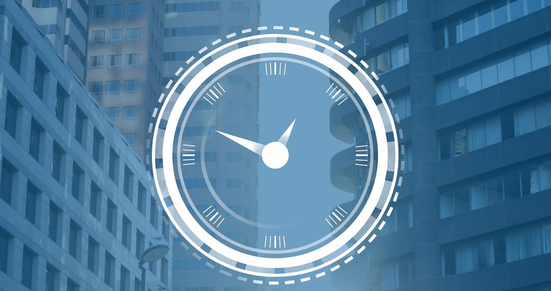 Digital Clock Interface Overlaid on Urban Skyline