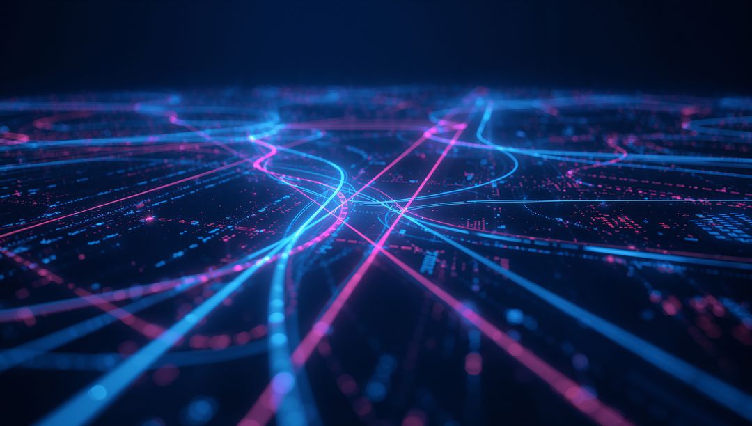 Neon Digital Grid with Pulsing Lines and Nodes in Cyberspace