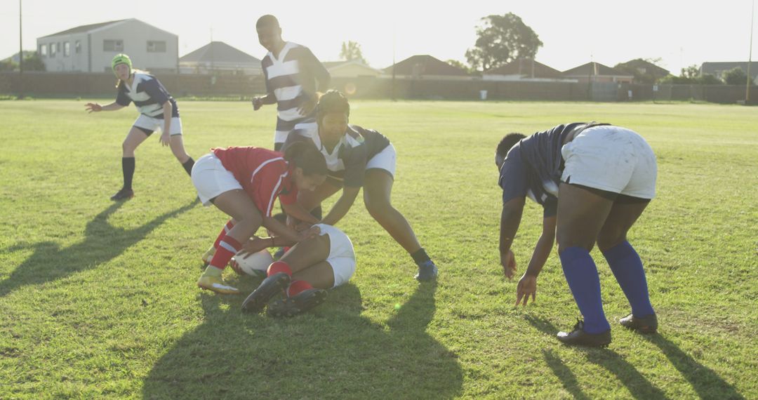 Women rugby players tackling opponent during a game on a sunny day - Free Images, Stock Photos and Pictures on Pikwizard.com