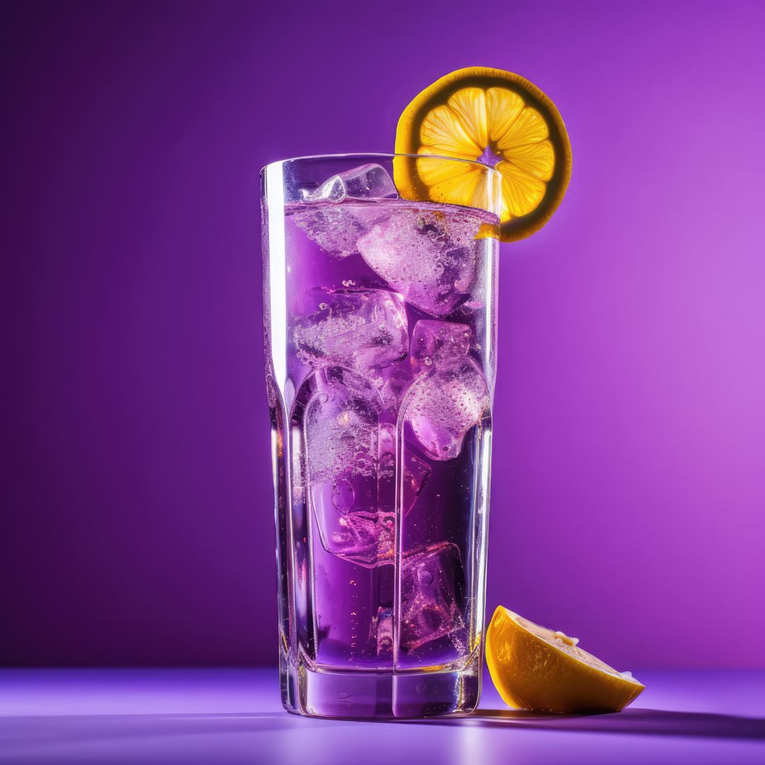 Refreshing Purple Cocktail with Lemon Garnish on Purple Background - Free Images, Stock Photos and Pictures on Pikwizard.com