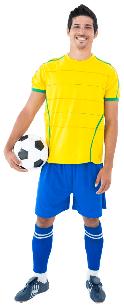 Smiling Soccer Player in Yellow Uniform Holding Soccer Ball Transparent Background