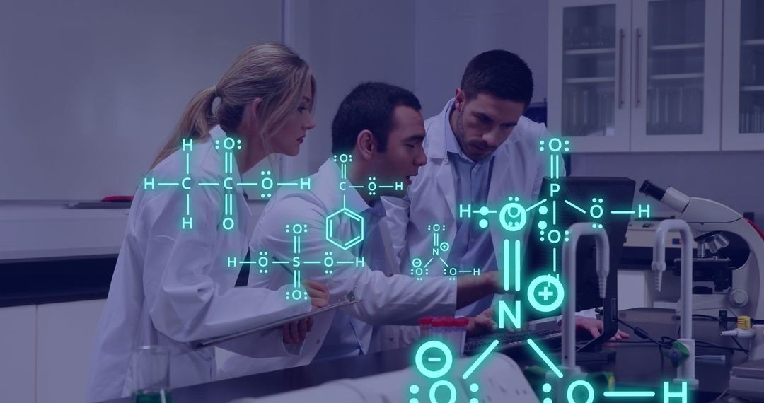 Scientists Collaborating in Modern Laboratory with Chemical Formulas