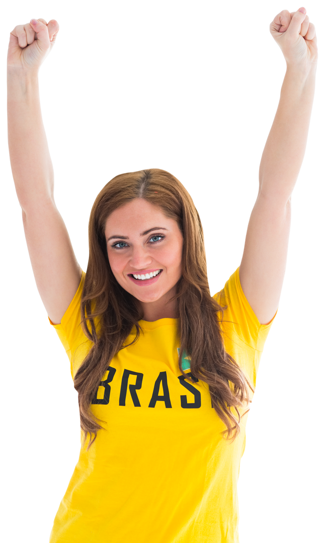 Pretty Sports Fan Celebrating Victory in Yellow Brazil T-Shirt Transparent Background - Download Free Stock Images Pikwizard.com