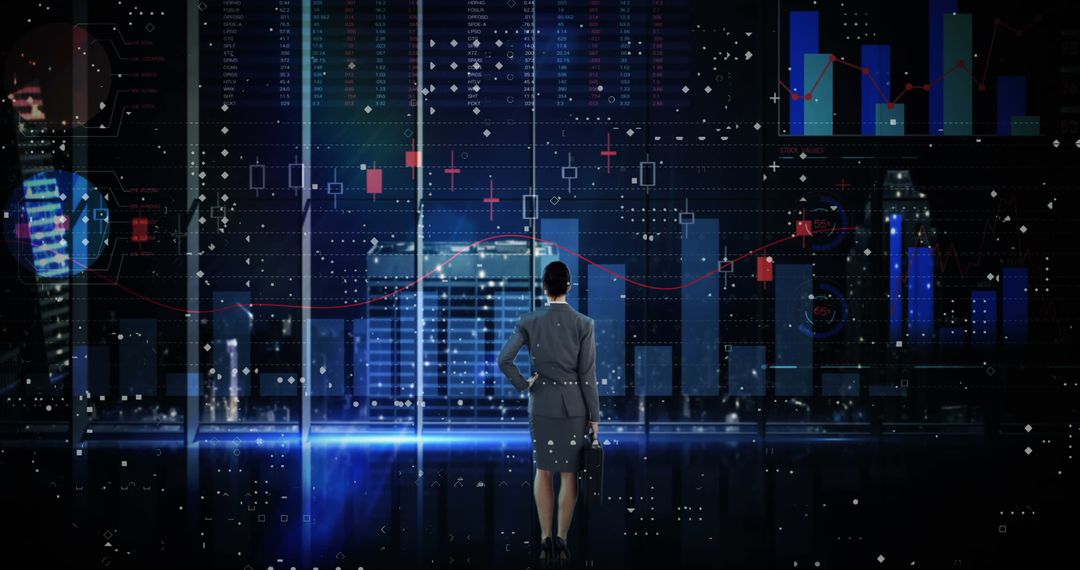 Businesswoman Analyzing Market Data in Advanced Digital Interface