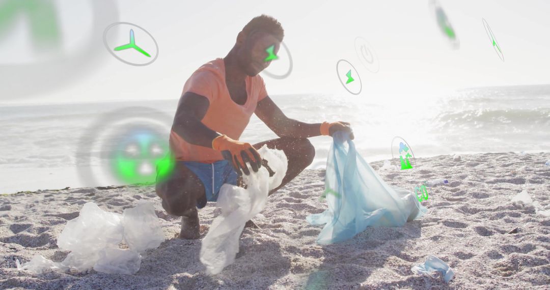 Volunteer Picking Up Plastics on Beach Focusing on Conservation