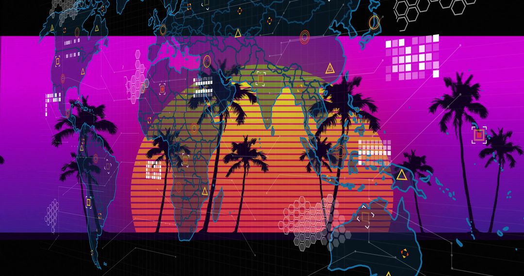 Neon Futuristic World Map with Palm Trees and Sunset Interface