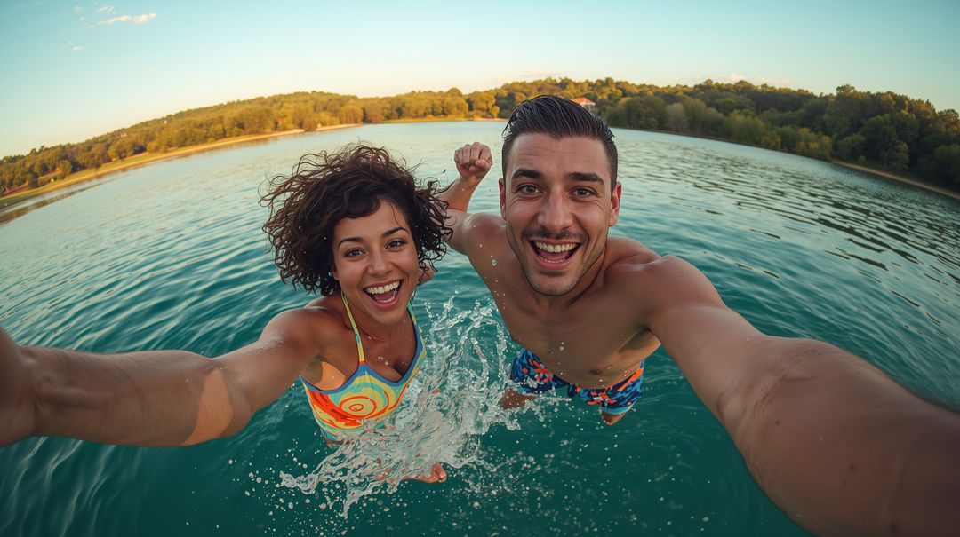 Sunlit Lake Selfie: Smiling Couple Jumping into Teal Water, Action Camera Adventure