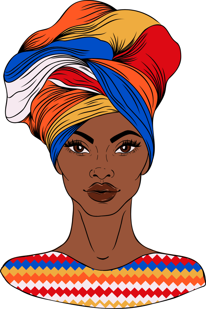 Vibrant Flat Design Portrait of Woman with Ethnic Head Wrap